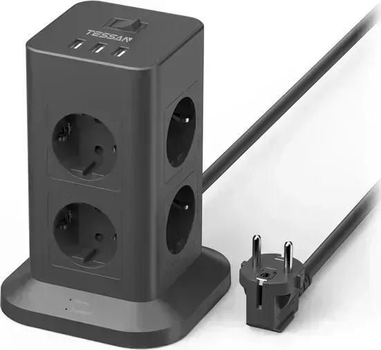 Сетевой фильтр TESSAN TPS03-DE с кнопкой питания на 8 розеток и 3 USB, Black