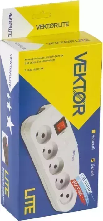 Сетевой фильтр VEKTOR LITE, 5 роз. б/з, 1,8м (белый) 002695