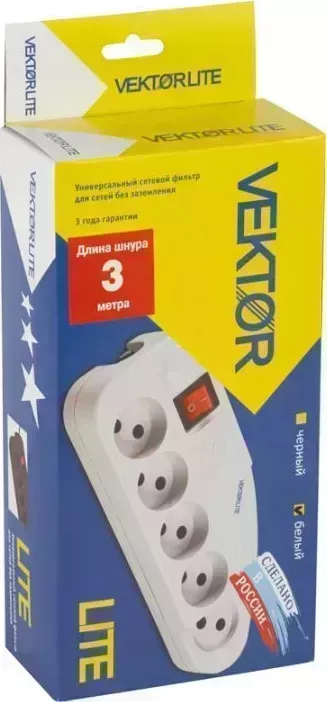 Сетевой фильтр VEKTOR LITE, 5 роз. б/з, 3м (белый) 002696