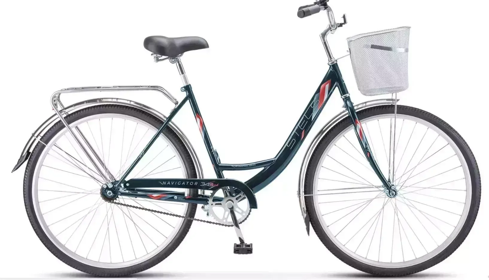Велосипед STELS Navigator-345 28" Z010 LU085343 LU093788 20" Темно-зеленый 2022 + корзина