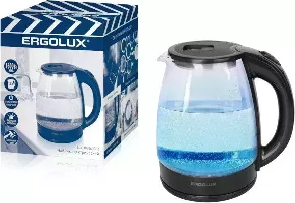 Чайник электрический ERGOLUX ELX-KG06-C02 стеклянный (черный, 1.8л, 220-240В, 1600 Вт)