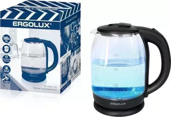 Чайник электрический ERGOLUX ELX-KG05-C02 стеклянный (черный,1.8л, 220-240В, 1600 Вт)