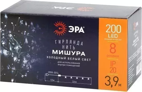 Гирлянда ЭРА (Б0047971) ENIN - WC Мишура 3,9м белый провод, холодный свет
