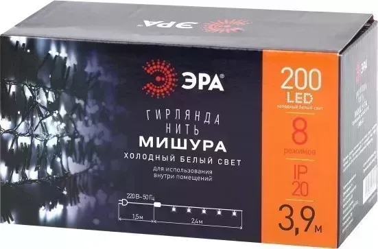 Гирлянда ЭРА (Б0047969) ENIN - GC Нить Мишура 3,9м зеленый провод, холодный свет