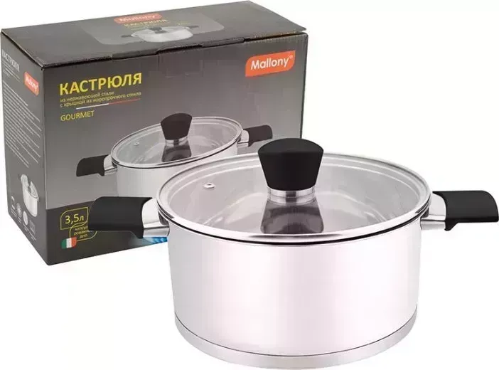 Кастрюля с крышкой MALLONY Gourmet,объем 3,5 л,из нержавеющей стали с из жаропрочного стекла,ручки с силиконом (007960)