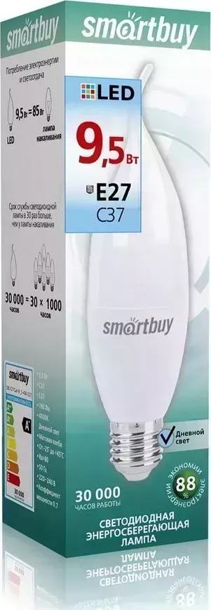 Лампа SMARTBUY (SBL-C37Can-9_5-40K-E27) свеча на ветру C37-9_5W00/E27