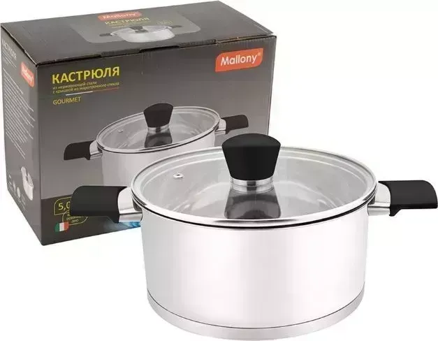 Кастрюля с крышкой MALLONY Gourmet, объем 5 л, из нержавеющей стали с из жаропрочного стекла,ручки с силиконом (007961)