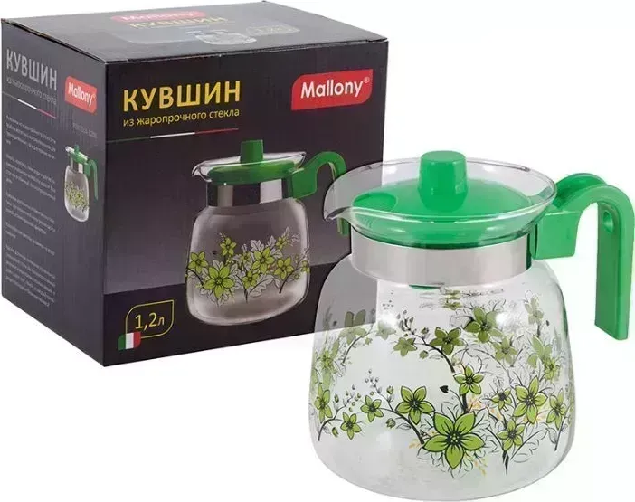 Кувшин MALLONY PENTOLA-1200, объем: 1,2 л, из жаропрочного стекла, с пластик ручкой, зеленый (910117)