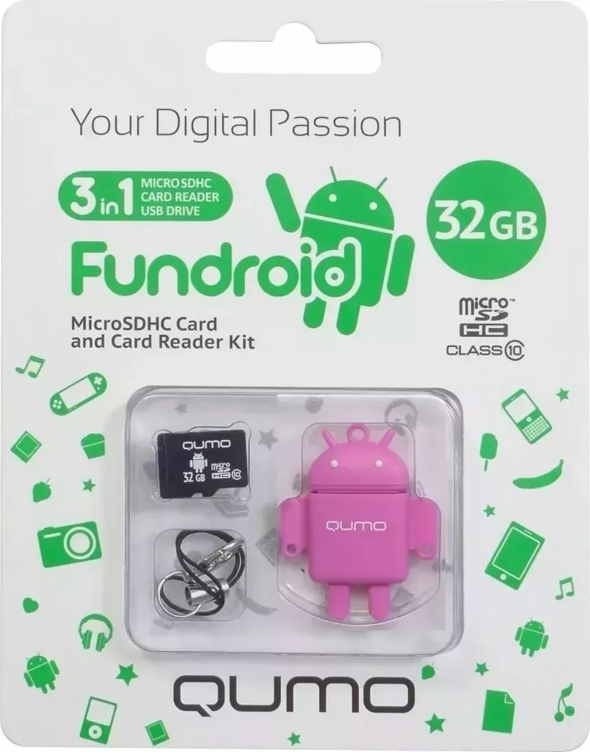 Карта памяти QUMO (30705) FUNDROID MicroSD 32GB CL 10 + USB картридер , розовый
