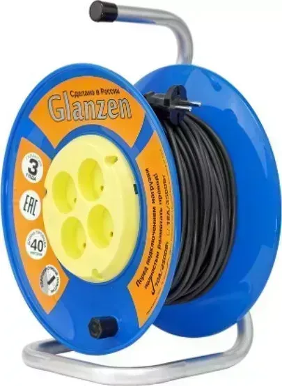 Удлинитель GLANZEN EB-30-014, на катушке, б/з, 4 роз - 30м удлинитель 4 -