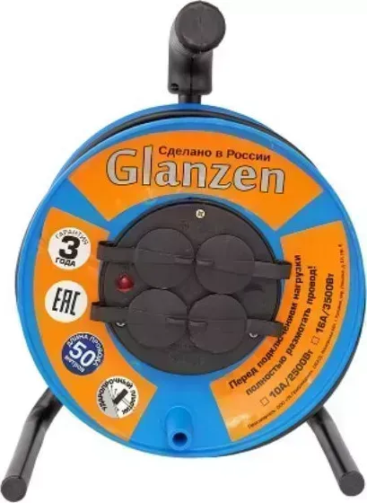 Удлинитель GLANZEN EB-30-020, на катушке, c/з, 4 роз - 30м