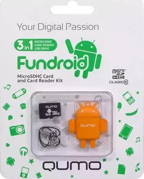 Карта памяти QUMO (33813) FUNDROID MicroSD 32GB CL 10 + USB картридер , оранжевый