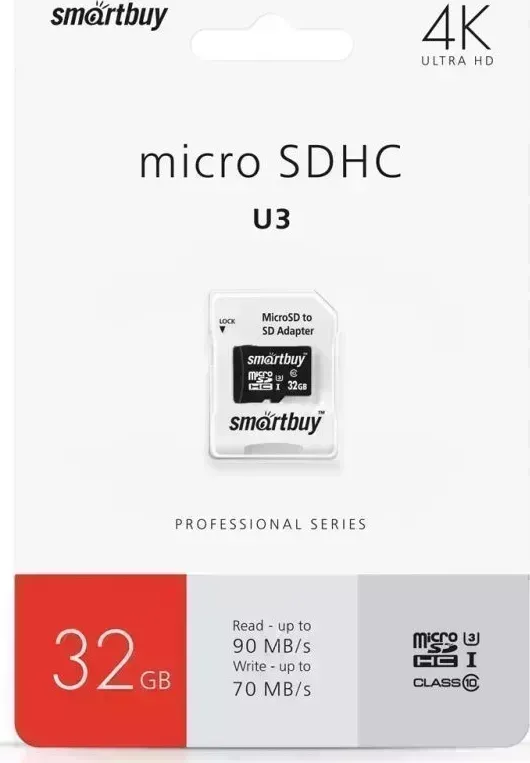 Карта памяти SMARTBUY (SB32GBSDCL10U3-01) MICRO SDHC 32GB CLASS10 PRO U3 R/W: 90/70 MB/S (с адаптером SD)