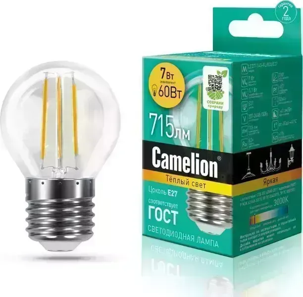 Лампа CAMELION LED7-G45-FL/830/E27 (Эл. светодиодная 7Вт 220В)