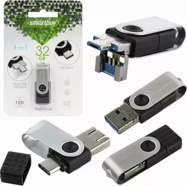 Флеш-накопитель SMARTBUY (SB32GBTRIO) TRIO 32GB 3.0/USB-C/ MICRO-B OTG USB3.0/USB-C/USB