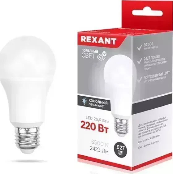 Лампа светодиодная REXANT (604-202) A60 25,5 Вт E27 2423 Лм 6500 K холодный свет