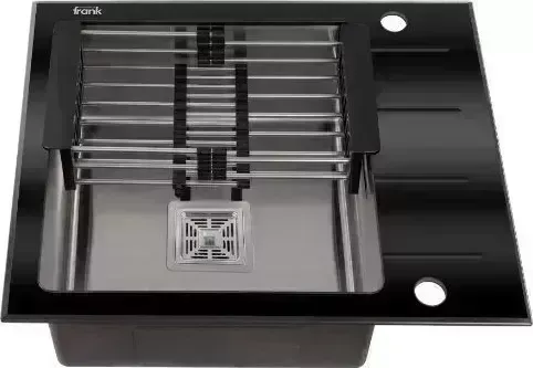 Мойка кухонная FRANK PROFI 9502 60х50см, (левая +правая), ЧЁРНОЕ СТЕКЛО+нержавеющая сталь, толщина стекла 8мм, глубина 200мм+большой КВАД врезная врезная