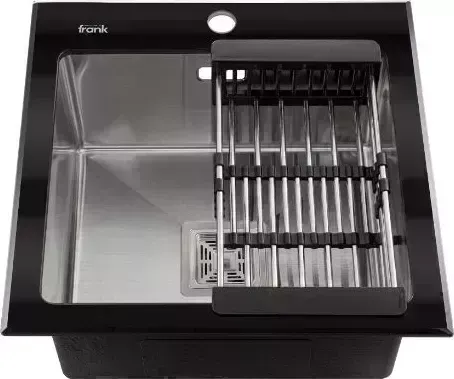 Мойка кухонная FRANK PROFI 9501 50х50см ЧЁРНОЕ СТЕКЛО+нержавеющая сталь 201, толщина стекла 8мм, глубина 200мм+большой КВАДРАТНЫЙ сифон с переливом+кор врезная врезная с