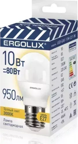 Лампа светодиодная ERGOLUX LED-G45-10W-E27-3K (Эл. Шар 10Вт E27 3000K 220-240В ПРОМО)