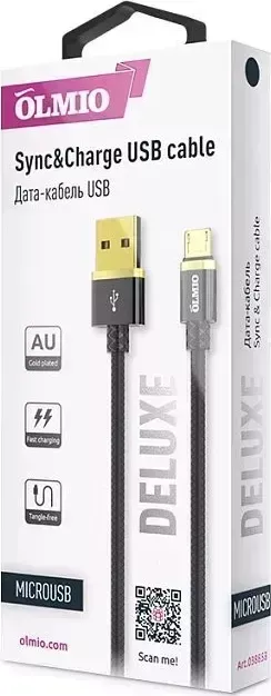 Кабель OLMIO DELUXE USB 2.0 - MICROUSB, 1м, 2.1A, черный (38853)