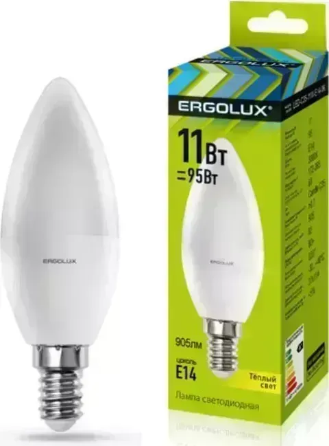 Лампа ERGOLUX LED-C35-11W-E14-3K (Эл. светодиодная Свеча 11Вт E14 3000K 180-240В)