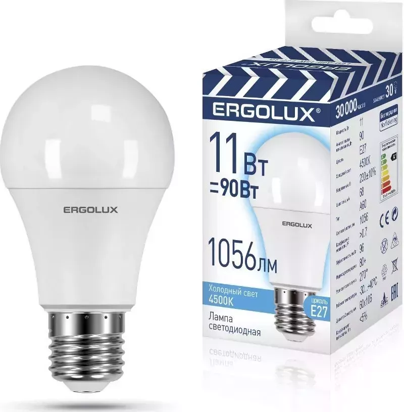 Лампа ERGOLUX LED-A60-11W-E27-4K (Эл. светодиодная ЛОН 11Вт Е27 4500К 220-240В, ПРОМО)