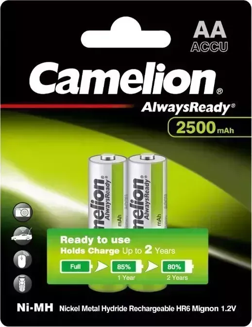 Батарейки CAMELION (11006) AA- 2500MAH NI-MH ALWAYS READY BL-2 (NH-AA2500ARBP2, аккумулятор, 1.2В)