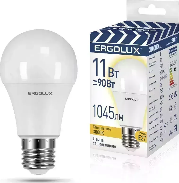 Лампа светодиодная ERGOLUX LED-A60-11W-E27-3K (Эл. ЛОН 11Вт Е27 3000К 220-240В, ПРОМО) Светодиодная лампа лампа