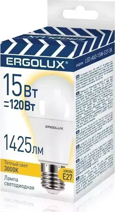 Лампа ERGOLUX (14308) LED-A60-15W-E27-3K (Эл. светодиодная ЛОН 15Вт Е27 3000К 220-240В, ПРОМО)