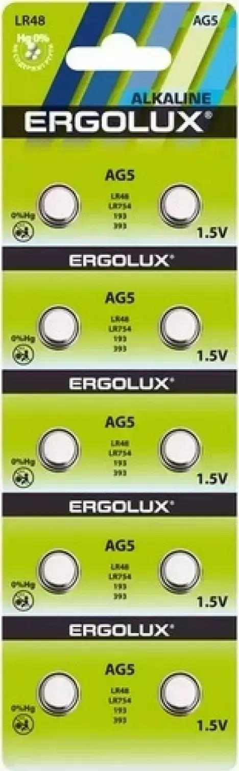 Батарейки ERGOLUX (14316) AG 5 BL-10 (AG5-BP10, LR48 /LR754 /193 /393 батарейка для часов)