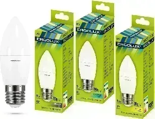 Лампа светодиодная ERGOLUX LED-C35-9W-E27-3K (Эл. Свеча 9Вт E27 3000K 172-265В) Лампочка