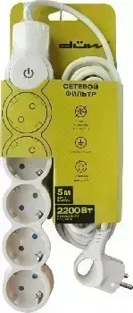 Сетевой фильтр DUWI 32574 1 5 гнезд, 10А/2,2кВт, 1,5м, со шторками, белый