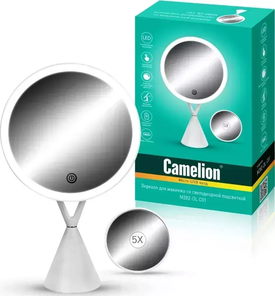 Зеркало CAMELION (14004) M282-DL C01 бел.( C подсветк.,1X/ Cъёмн.5X- увелич.,дневн.свет,5Вт,4*LR03 /USB)