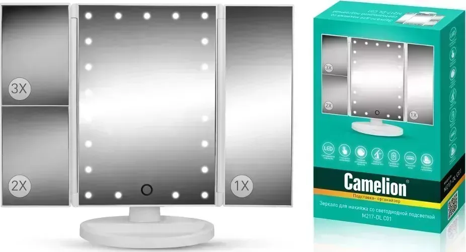 Зеркало CAMELION (14005) M217-DL C01 бел.( C подсветк.,1X/2X/3X-увелич., дневн.свет, 5Вт,4*LR03 / USB)