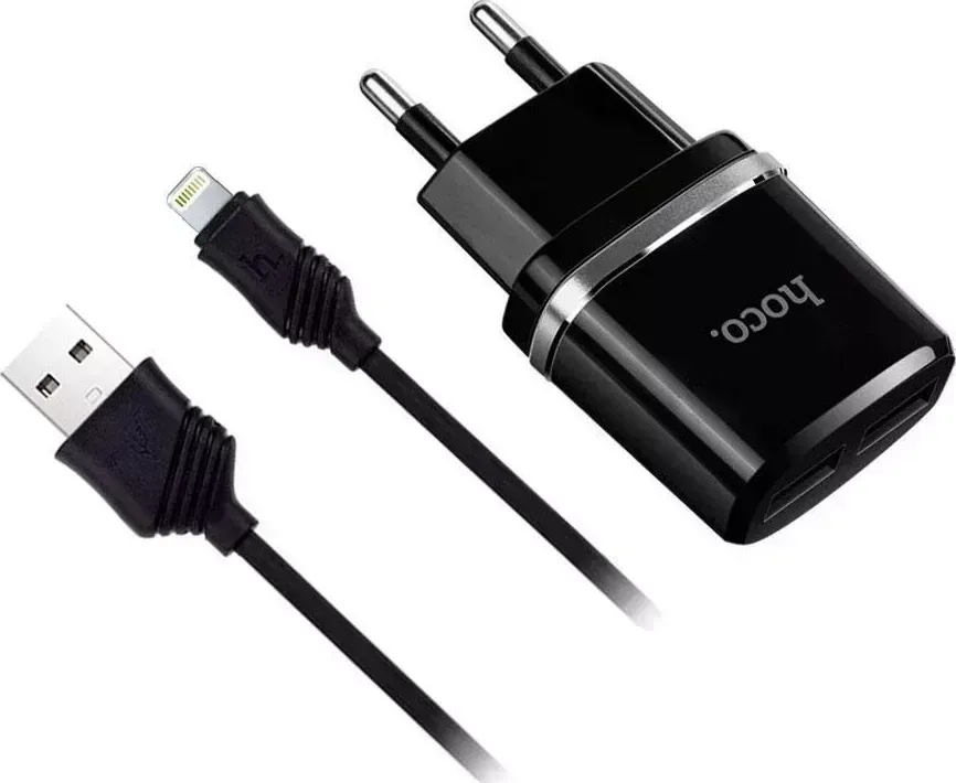 Сетевое зарядное устройство HOCO (6957531064107) C12 2USB 2.4A LIGHTNING 8-PIN 1м черный