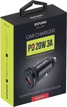 Зарядное устройство EXPLOYD EX-Z-1137 Автомобильное ЗУ/3A/1хUSB 2.4A/PD/20W/чёрный/Rash