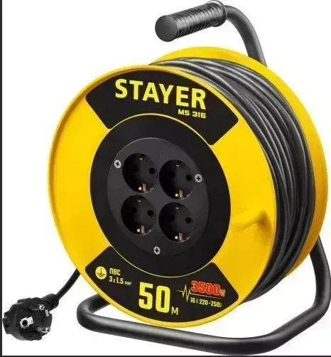 Удлинитель STAYER на катушке MS 315, 50 м, 3500 Вт, заземление, 4 гнезда, ПВС 3X1,5 кв мм 55078-50