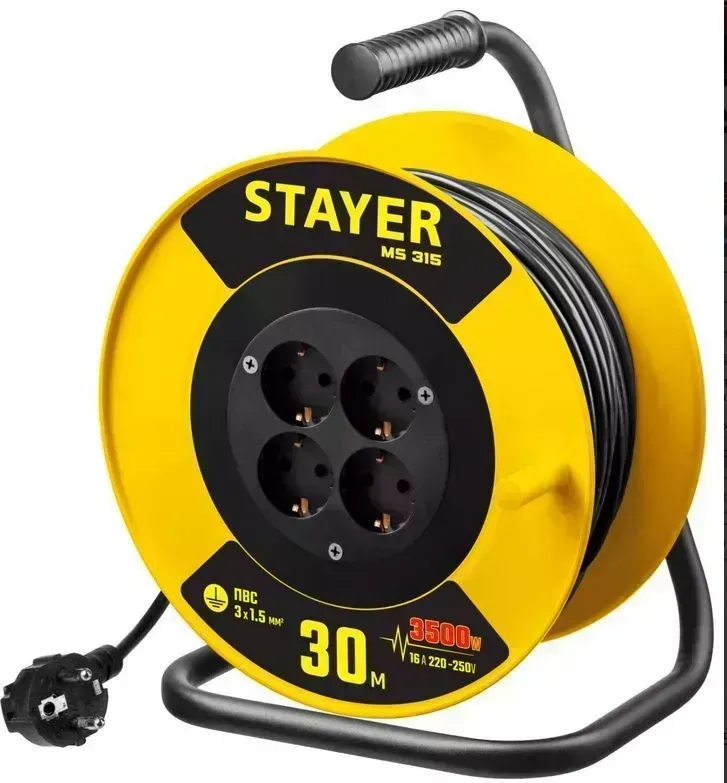 Удлинитель STAYER на катушке MS 315, 30 м, 3500 Вт, заземление, 4 гнезда, ПВС 3X1,5 кв мм 55078-30