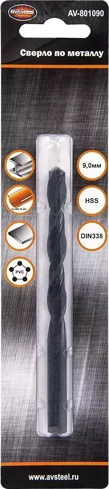 Сверло по металлу AUTOVIRAZH (AV-801090) HSS-R 9,0мм "AV STEEL"