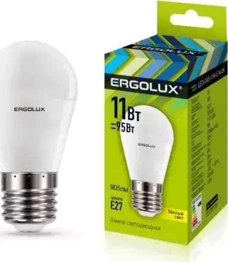 Лампа светодиодная ERGOLUX LED-G45-11W-E27-3K (Эл. Шар 11Вт E27 3000K 172-265В) Лампочка