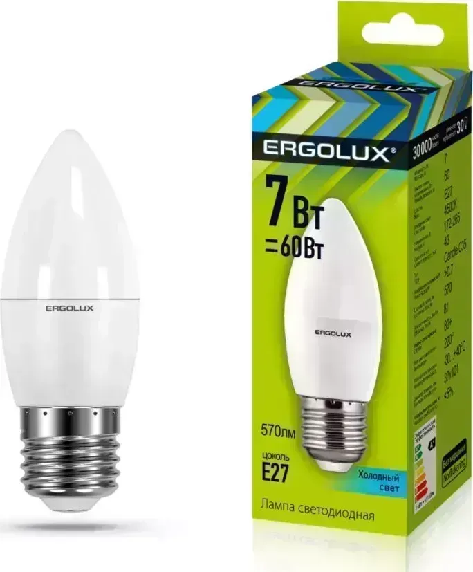 Лампа светодиодная ERGOLUX LED-C35-7W-E27-4K (Эл. Свеча 7Вт E27 4500K 172-265В) Лампочка