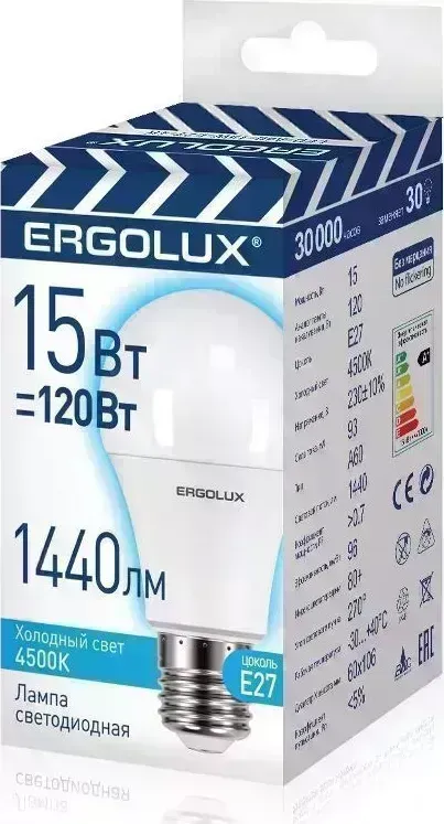 Лампа светодиодная ERGOLUX (13638) LED-A60-15W-E27-4K (Эл. ЛОН 15Вт Е27 4500К 220-240В, ПРОМО) Лампочка