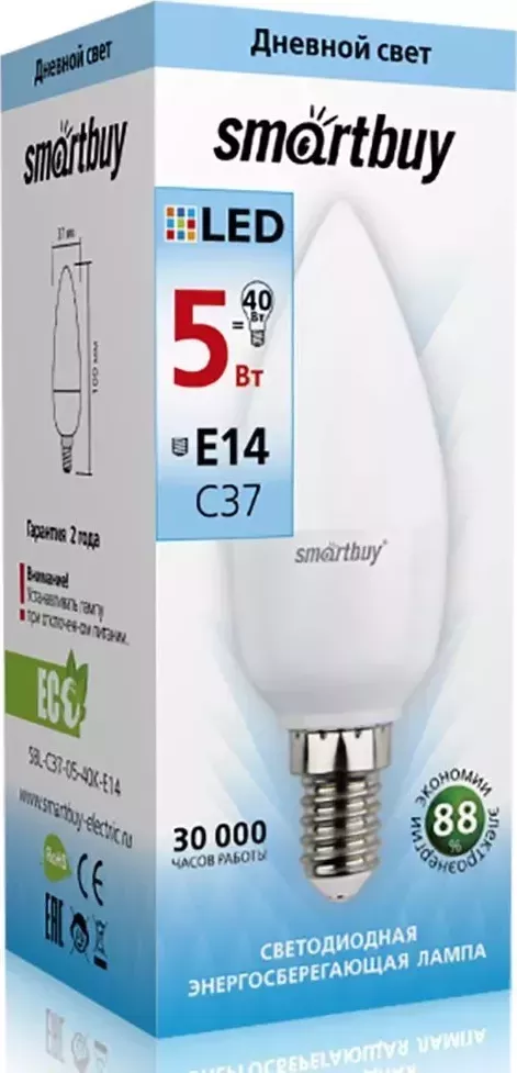 Лампа светодиодная SMARTBUY (SBL-C37-05-30K-E14) C37-05W/3000/E14 (10) Светодиодная лампа