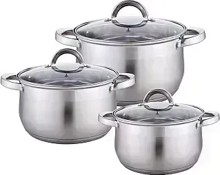 Набор посуды WEBBER BE-616/6 из нерж.стали 6 пр. 2,1л, 2,9л, 3,9л со стеклянными крышками
