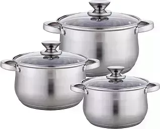 Набор посуды WEBBER BE-614/6 из нерж.стали 6 пр. 2,1л, 2,9л, 3,9л со стеклянными крышками