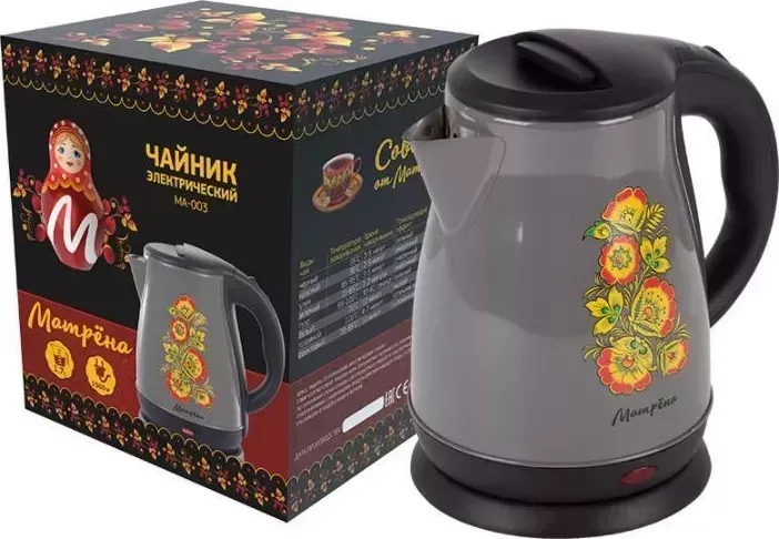 Чайник электрический МАТРЁНА MA-003 (1,7 л) стальной серый хохлома