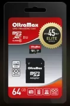 Карта памяти OLTRAMAX MicroSDXC 64GB Class 10 UHS-1 Elite + адаптер SD 45 MB/s