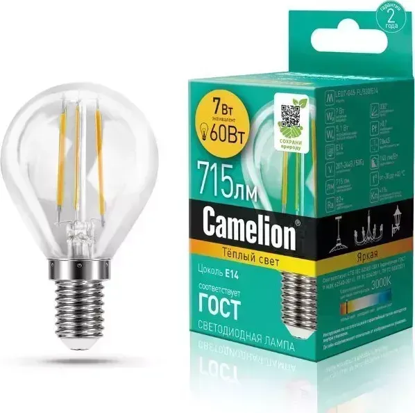 Лампа CAMELION (13456) LED7-G45-FL/830/E14