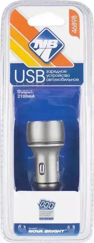 Зарядное устройство NOVA BRIGHT для моб.устройств, 2 USB-порта, 2100мА + цифровой вольтметр, 12/24В 46898