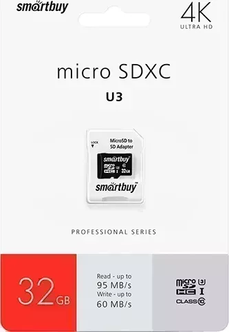 Карта памяти SMARTBUY MicroSDHC 32GB Class10 PRO U3 (с адаптером SD)